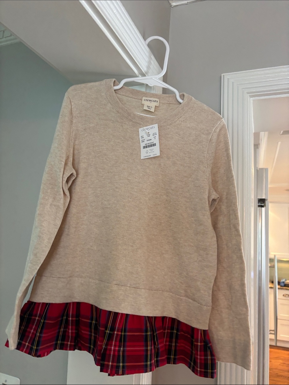 Crewcuts Cream Sweater with Red Plaid Pleat Hem, size 6-7